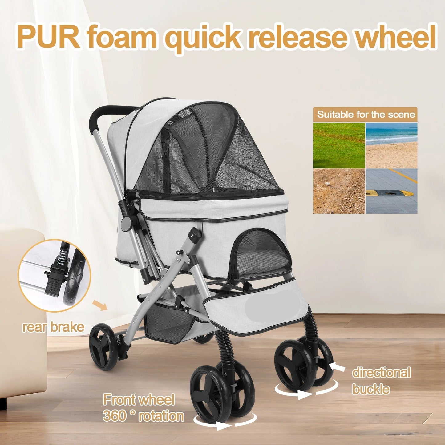 Hondenbuggy - Hondenkar - Kattenbuggy - Opvouwbare - Huisdierenbuggy - met Roterende Wielen en Rem – Tot 36 kg – Opvouwbaar met Opbergmand voor Kleine en Middelgrote Honden - Khaki