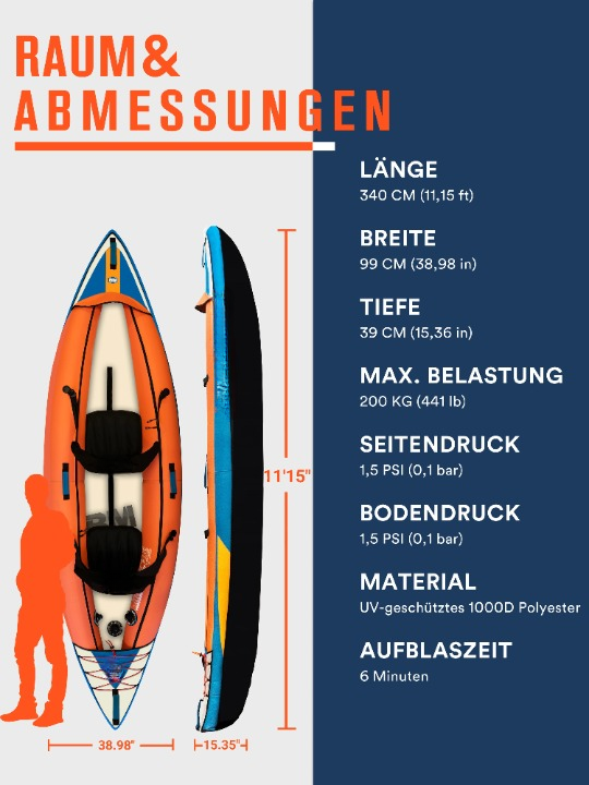 Kajak – Opblaasbare - voor 2-Persoons – Tweepersoons Boot – Recreatie Kajak – Lichtgewicht Kajak – Stevig Oxford-Materiaal – Inclusief Peddels - Oranje
