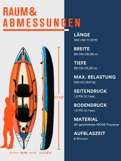 Kajak – Opblaasbare - voor 2-Persoons – Tweepersoons Boot – Recreatie Kajak – Lichtgewicht Kajak – Stevig Oxford-Materiaal – Inclusief Peddels - Oranje