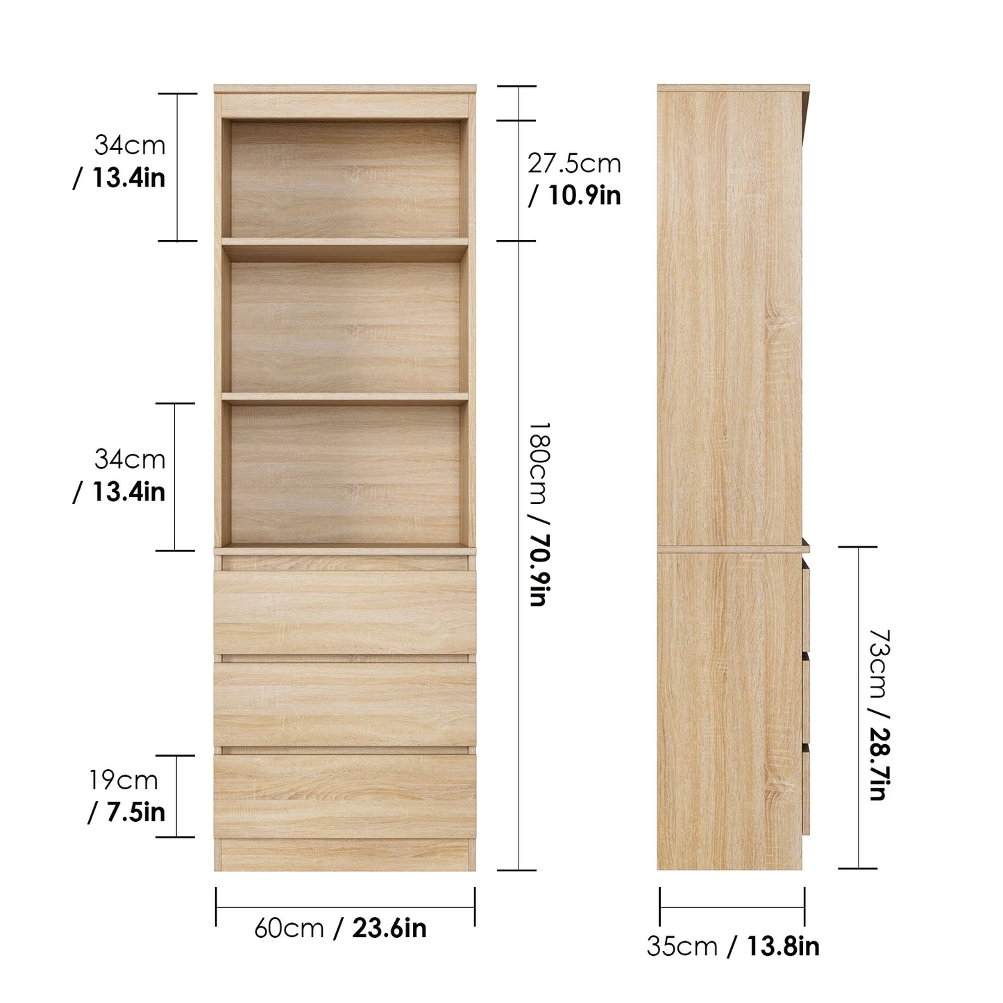 Boekenkast - Kast - Hoge Kasten - Boekenkasten - Boekenrek - Opbergkast met 3 Laden en 3 Planken - Vrijstaande Opbergkast - voor Woonkamer - Wit