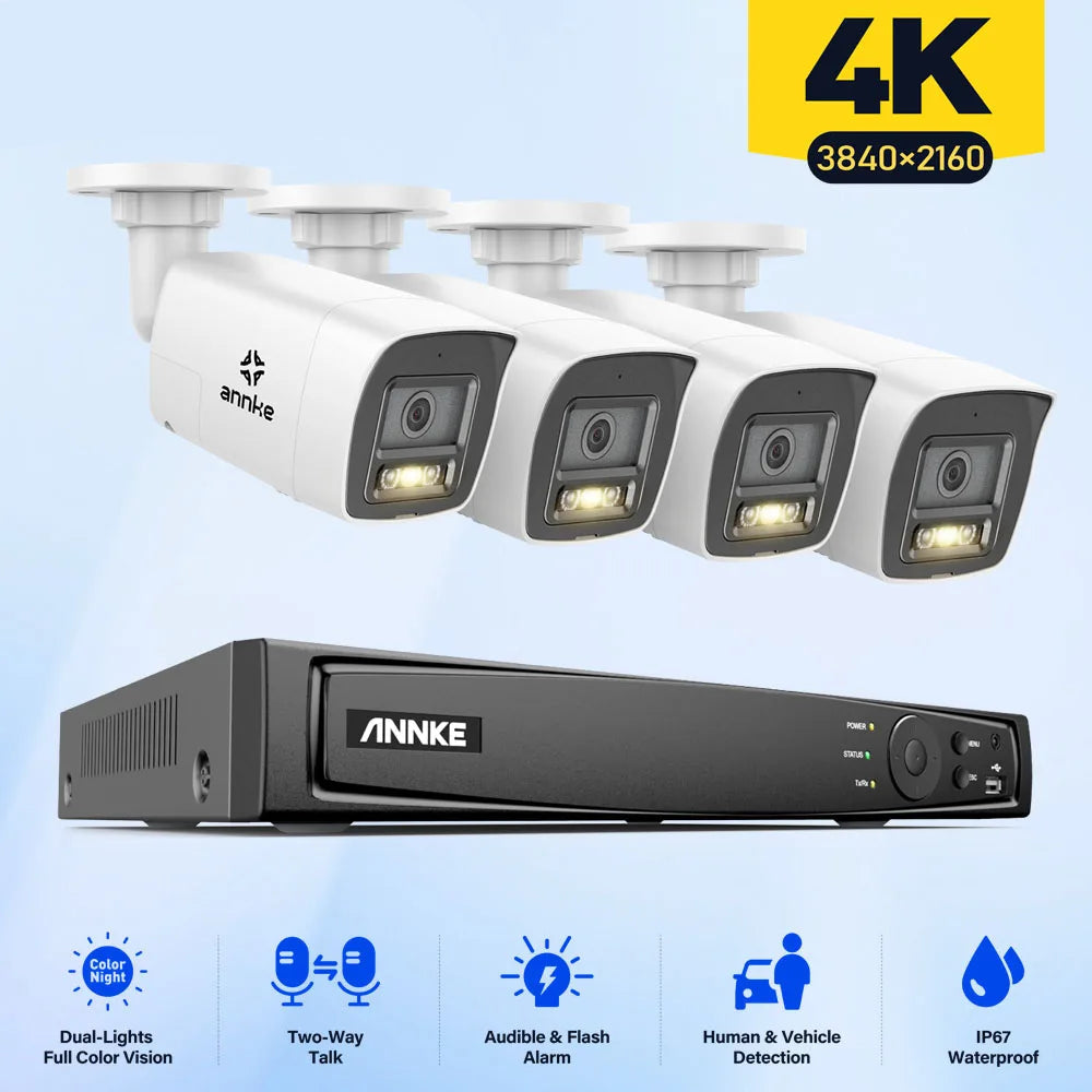 4K Beveiligingsset – Videobewaking – CCTV Systeem – IP Camera Set – Beveiligingscamera’s – 4 Camera’s Met 8-Kanaals NVR – Two-Way Audio – Smart Dual Light Nachtzicht