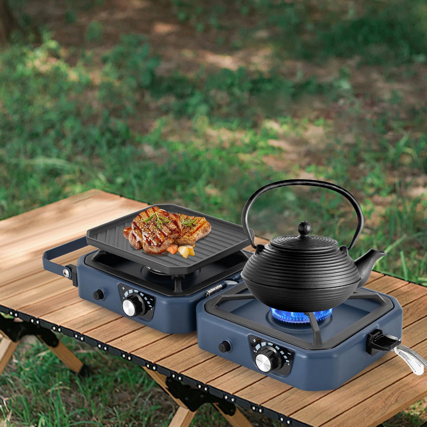 Kooktoestel - Gasstel - Campinggasfornuis - Campingmeubelen - 2-in-1 - met Grillplaat - 2 Branders - Inklapbaar - Draagbaar -  voor Buitenactiviteiten - Kamperen - Noodsituatie - 53.8 x 6.9 cm - Blauw