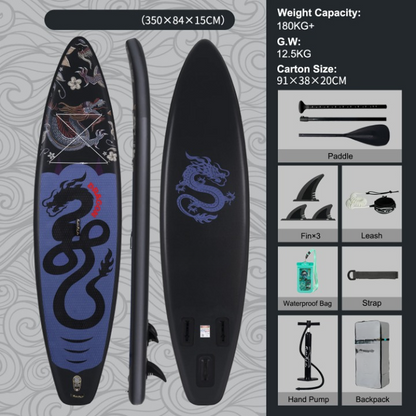 Supboard - Paddle Board - Peddelplank - Surfplank - Opblaasbaar - Inc. Peddel - 3 x Vin - Leash - Riem - Handpomp - Rugzak - Waterdichte Telefoonhoes - 350 x 84 x 15 cm - Zwart & Blauw