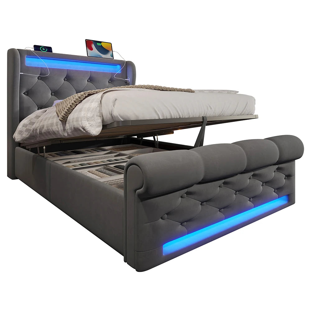 Boxspringbed – Boxspringbedden – Bed – Meubel – Slaapkamerbed – 160x200 cm – Linnen Bekleding – Hydraulische Opbergruimte – USB & Type-C Oplaadpoort - QUORE