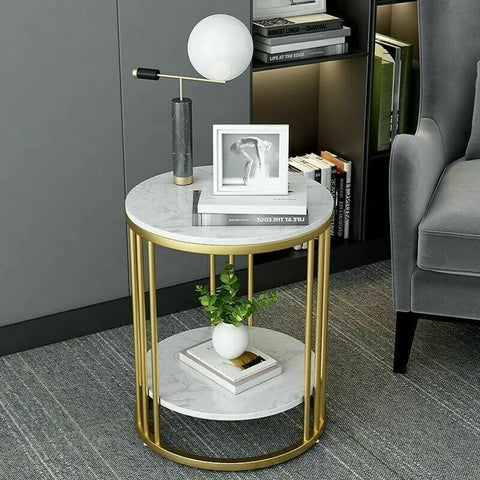 Side Table Round - Coffee Tables - Round Table - Side Tables Living Room - Shelf 2 Levels - Jewelry Storage - Metal Frame - Gold.