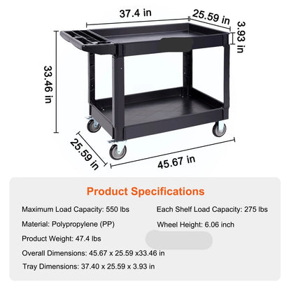 Serveerwagen - Keukentrolley - Keukeneiland - Serveerwagen op Wieltjes - 2/3 Laags - Zwaar Belast met 360° Zwenkwielen en Ergonomisch Opslaghandvat – Voor Magazijn/Garage/Reiniging - 550lbs - QUORE