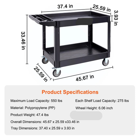 Serveerwagen - Keukentrolley - Keukeneiland - Serveerwagen op Wieltjes - 2/3 Laags - Zwaar Belast met 360° Zwenkwielen en Ergonomisch Opslaghandvat – Voor Magazijn/Garage/Reiniging - 550lbs - QUORE