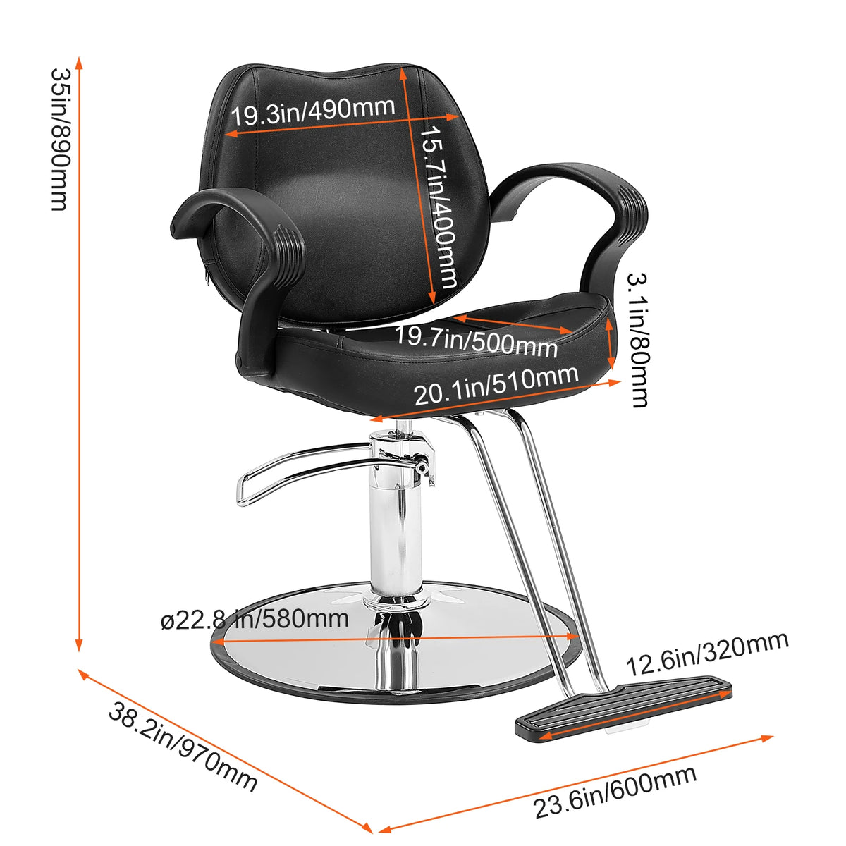 Kapperstoel -  Kapperskruk - Salonstoel -  Haarkapperstoel - Behandelstoel - 30x37x48.5 inch - 24.5kg - Zwart