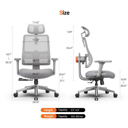 Ergonomische Bureaustoel - Gaming Stoel - Stoelen - Bureaustoelen - Hoge Rug - Verstelbare Lendensteun - met Automatische Volgfunctie - 3D Verstelbare Armleuningen - Verstelbare Hoofdsteun en Zithoogte - Grijs