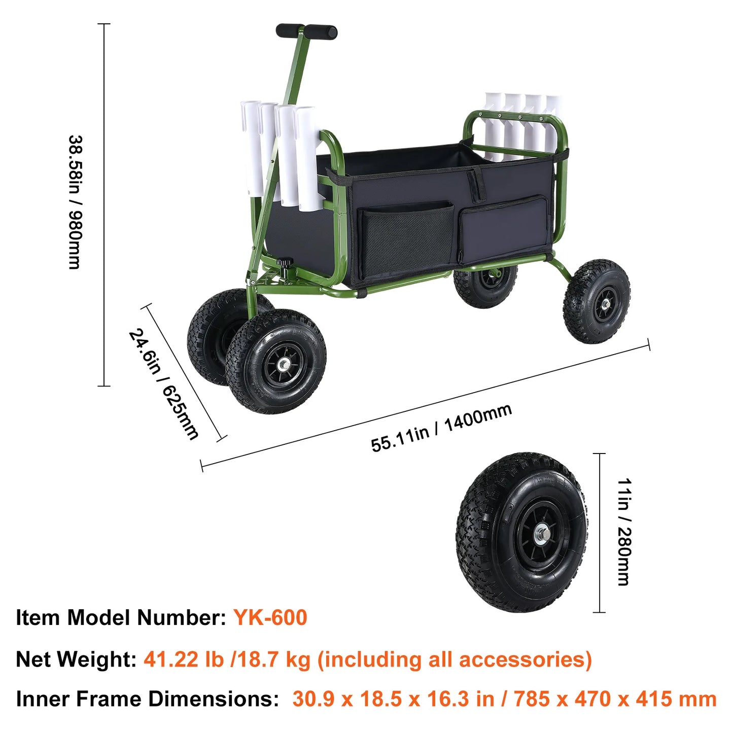 Opvouwbare Strandviskar - Strandwagen - Bolderkar - Camping Trolley - Outdoor Aanhangwagen - 300lbs - Viskar - met 8 Hengelhouders - 11" Wielen - Vistent - voor Strand - Steiger & Camping