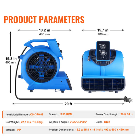 Electric Air Blower - Air Duster - Compressed Air - Floor Blower - 13.3kg - 1200 RPM - Dry - Cooling - 3 Adjustable Speeds - Timer - Portable Handle - Blue