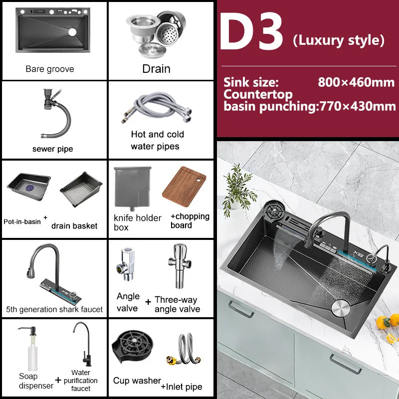 Stainless Steel Kitchen Sink WIth Waterfall Faucet Integrated Digital Display Embossed Washing Basin For Kitchen