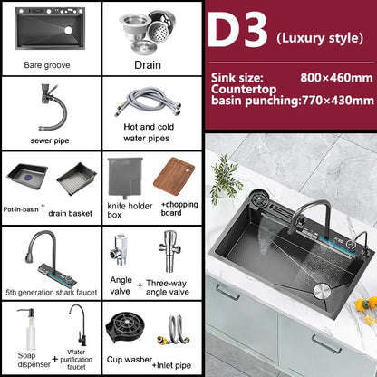 Stainless Steel Kitchen Sink WIth Waterfall Faucet Integrated Digital Display Embossed Washing Basin For Kitchen
