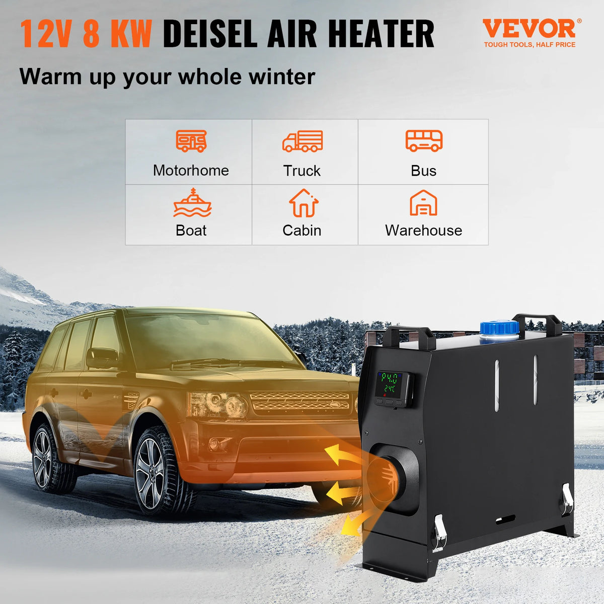 Diesel Heater - Auto Heater - Parkeer Heater - Diesel Heater - 8KW - 12V - Eén Gat voor Stopcontact - met Zwarte LCD Schakelaar - Snel Verwarmende Heater - Zwart - QUORE