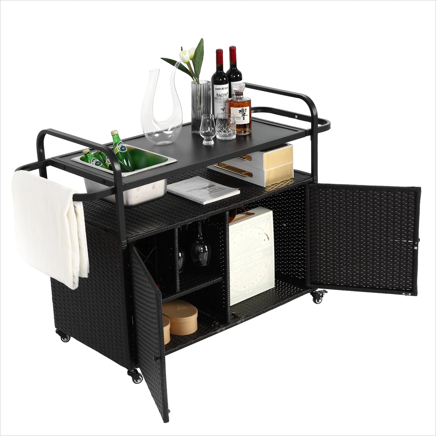 Mobiele Buitenbar – Buitentafel – Serveerwagen – Bar Op Wielen – PE-Rattan – Weerbestendig Frame – 70 Kg Draagkracht