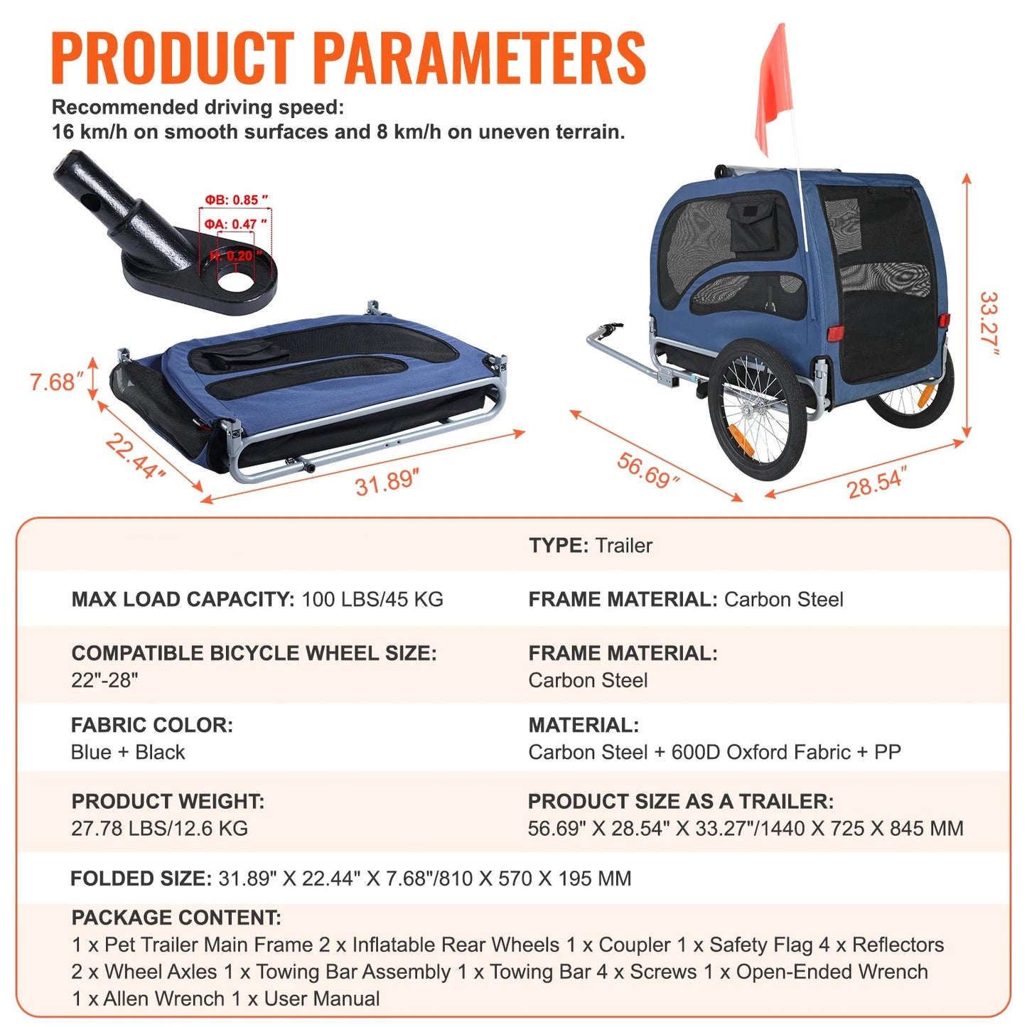 Fietskar - Fietsaanhanger - Transportaanhanger - met Schokdemper - Draagkracht 45kg - Inklapbare Aanhanger - Dekzeil - Veiligheidsvlag - Perfect voor Dagelijks Transport - Koolstofstaal - 600D Oxford-doek - 144 x 72.5 x 84.5 cm - Blauw