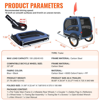 Fietskar - Fietsaanhanger - Transportaanhanger - met Schokdemper - Draagkracht 45kg - Inklapbare Aanhanger - Dekzeil - Veiligheidsvlag - Perfect voor Dagelijks Transport - Koolstofstaal - 600D Oxford-doek - 144 x 72.5 x 84.5 cm - Blauw