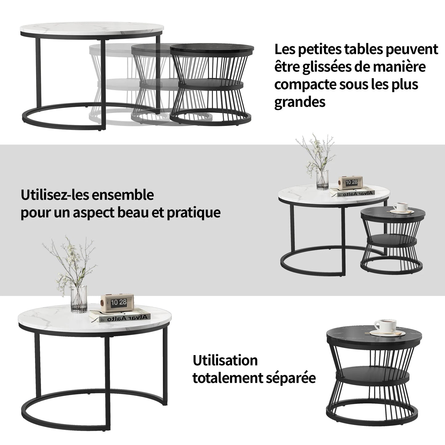 Set Ronde Salontafels – Salontafel Set – Bijzettafels – Woonkamertafels – Stapelbare Tafels – Zwart Wit Design – Marmerlook Tafelblad – Metaal Onderstel