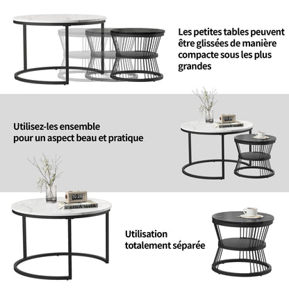 Set Ronde Salontafels – Salontafel Set – Bijzettafels – Woonkamertafels – Stapelbare Tafels – Zwart Wit Design – Marmerlook Tafelblad – Metaal Onderstel