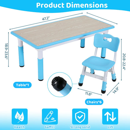 Kinder Tafel Met 6 Stoelen – Kindermeubel – Speeltafel – Knutseltafel – Verstelbare Kinderstoel – Verstelbare Hoogte – Duurzaam Kunststof Met Houtlook - Blauw - QUORE