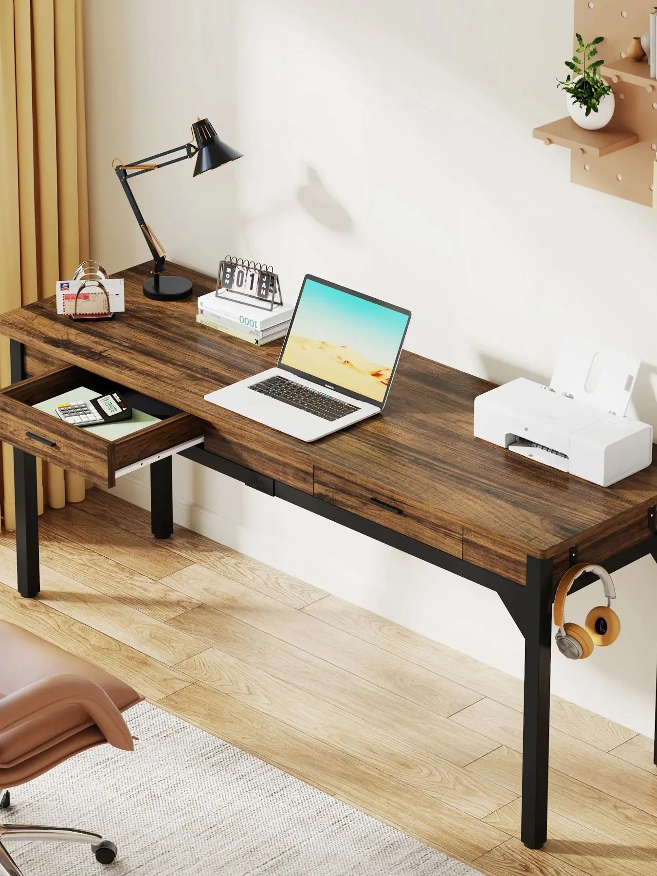 Bureau – Computerbureau – Bureautafel – Schrijftafel – Dubbel bureau – Extra Lang 200 cm – Stevig Metalen Frame – 2 Laden & 2 Haken – Chocoladebruin - QUORE