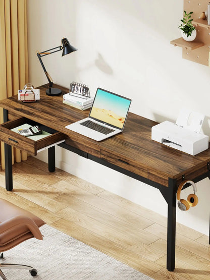 Bureau – Computerbureau – Bureautafel – Schrijftafel – Dubbel bureau – Extra Lang 200 cm – Stevig Metalen Frame – 2 Laden & 2 Haken – Chocoladebruin - QUORE