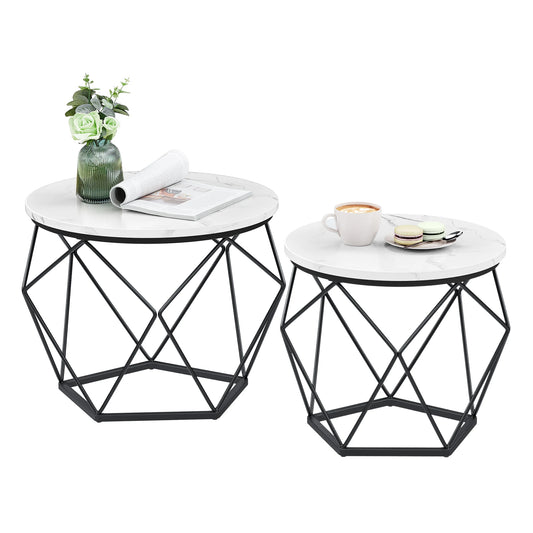 Round Coffee Table Set of 2 – Modern Side Tables with Removable Top – Marble White &amp; Black Steel