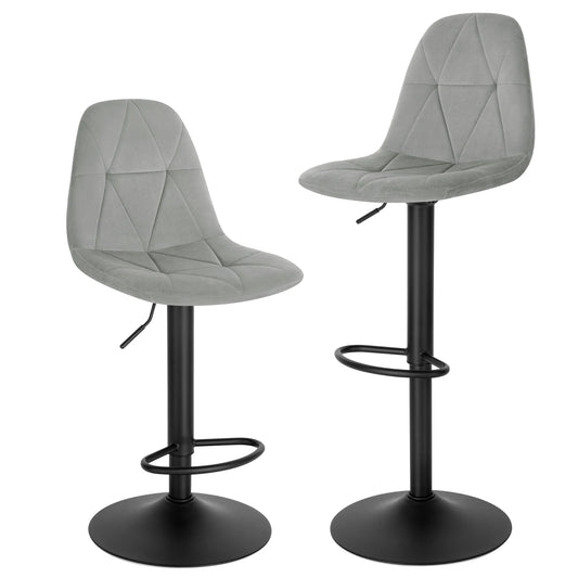 Bar Stools - Set of 2 Ergonomic Bar Chairs - Velvet Seat with Backrest - Adjustable Height (60-81 cm) - 360° Swivel - Stable Base - Light Gray