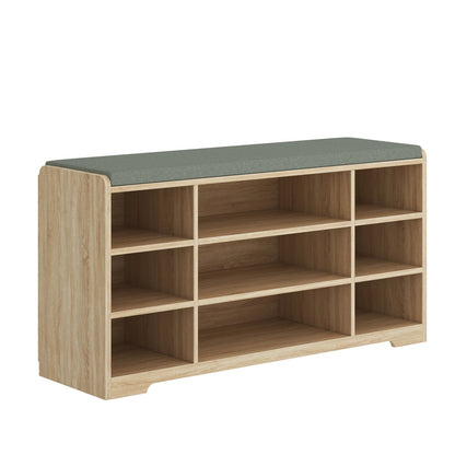 Schoenenbank - met Zitvlak en Opbergkussen - Schoenenrek met 9 Vakken - Verstelbare Planken - Minimalistisch Design - Opbergbank voor Woonkamer - Wit/Grijs - 30 x 103 x 52,7 cm - QUORE