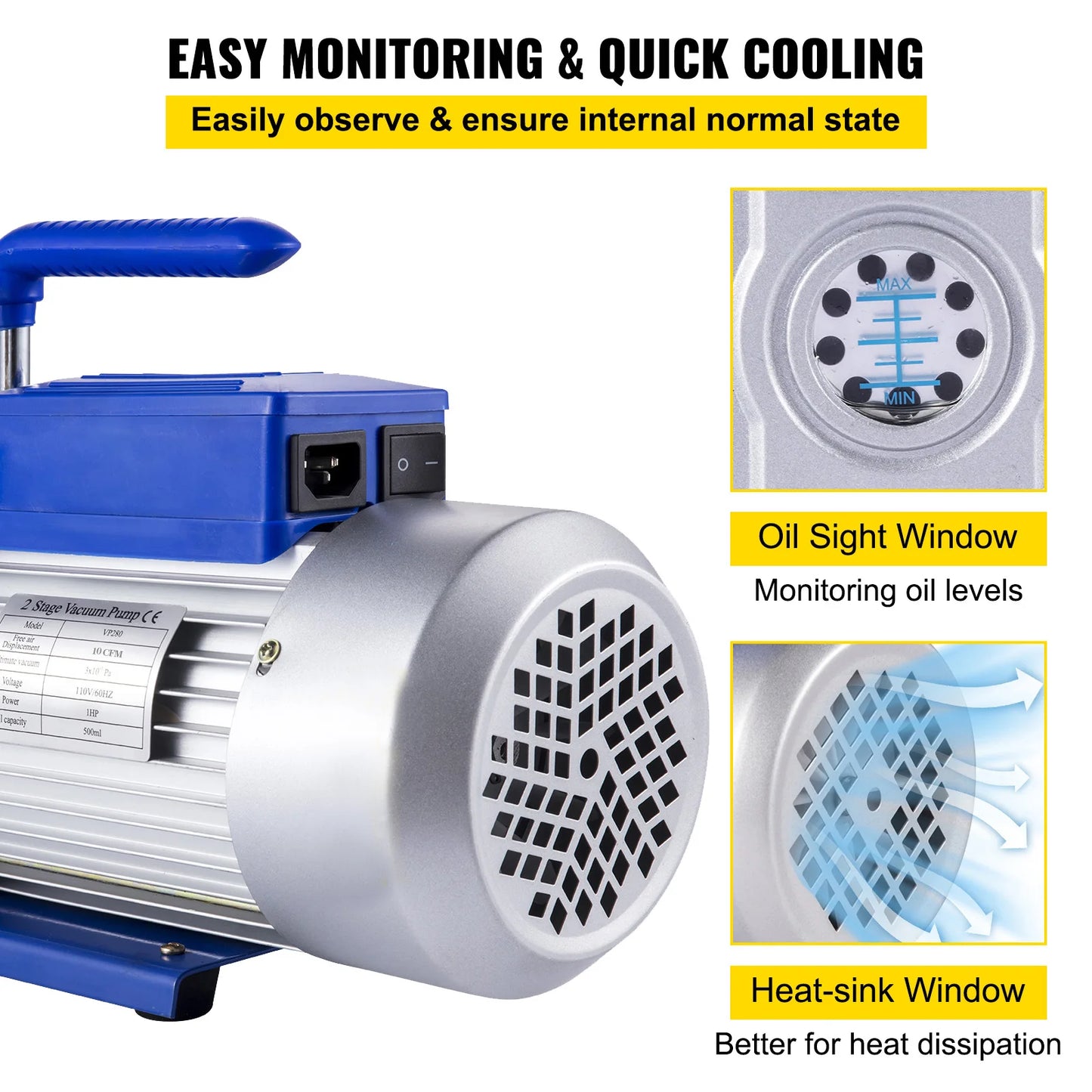 SucceBuy Vacuum Pump 10CFM 1HP Vane Pump 2 Stage HVAC Rotary Auto AC Refrigerant for Automobile Reparation Vacuum Evacuation