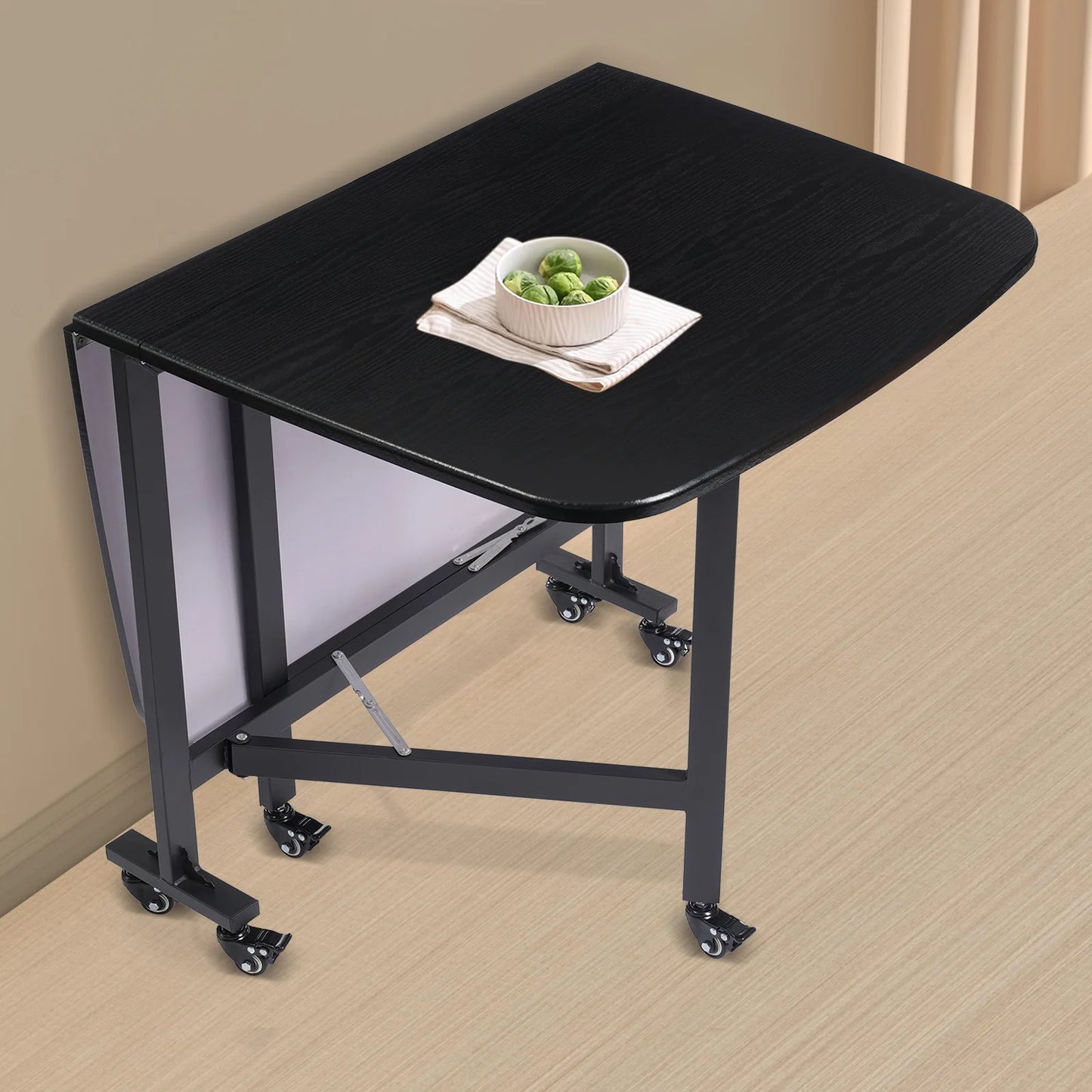 Multifunctional Foldable Dining Table Small Kitchen Table Black with 6 Brake Castors  in 3 Shapes 120 x 80 x 75 cm - QUORE