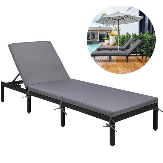 Lounge Stoel – Opvouwbare Relax Fauteuil met Dikke Kussen – PE Rattan & Stalen Frame – Tuinstoel voor Buiten - Terras - Balkon & Zwembad – Grijs