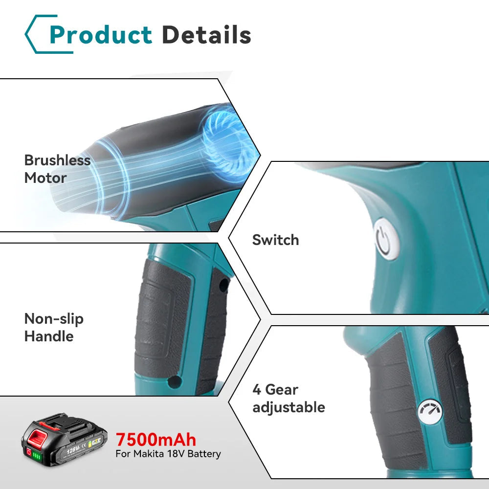 Luchtblazer - Turbo Blazer - Accu - Brushless Motor - 4 Snelheden - 30 m/s Windkracht - 13.000 RPM - 18V - 160W - Draadloze Blaasfunctie - voor Stof - Auto en Werkplaats - 2 Accu's met 1 Lader