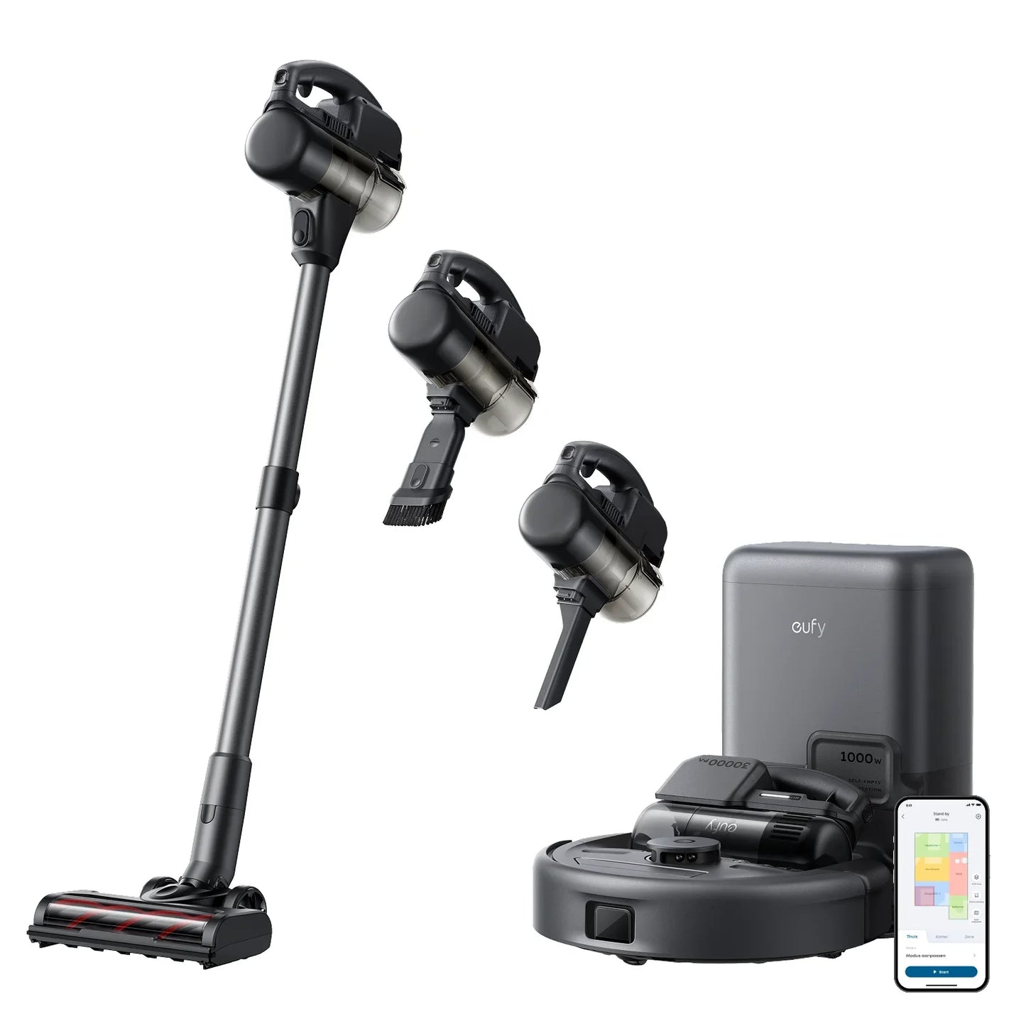 3-in-1 Stofzuiger – Robotstofzuiger – Steelstofzuiger – Handstofzuiger – Zelfledigend Stofreservoir – Krachtige Zuigkracht 30.000 Pa – Zwart EU