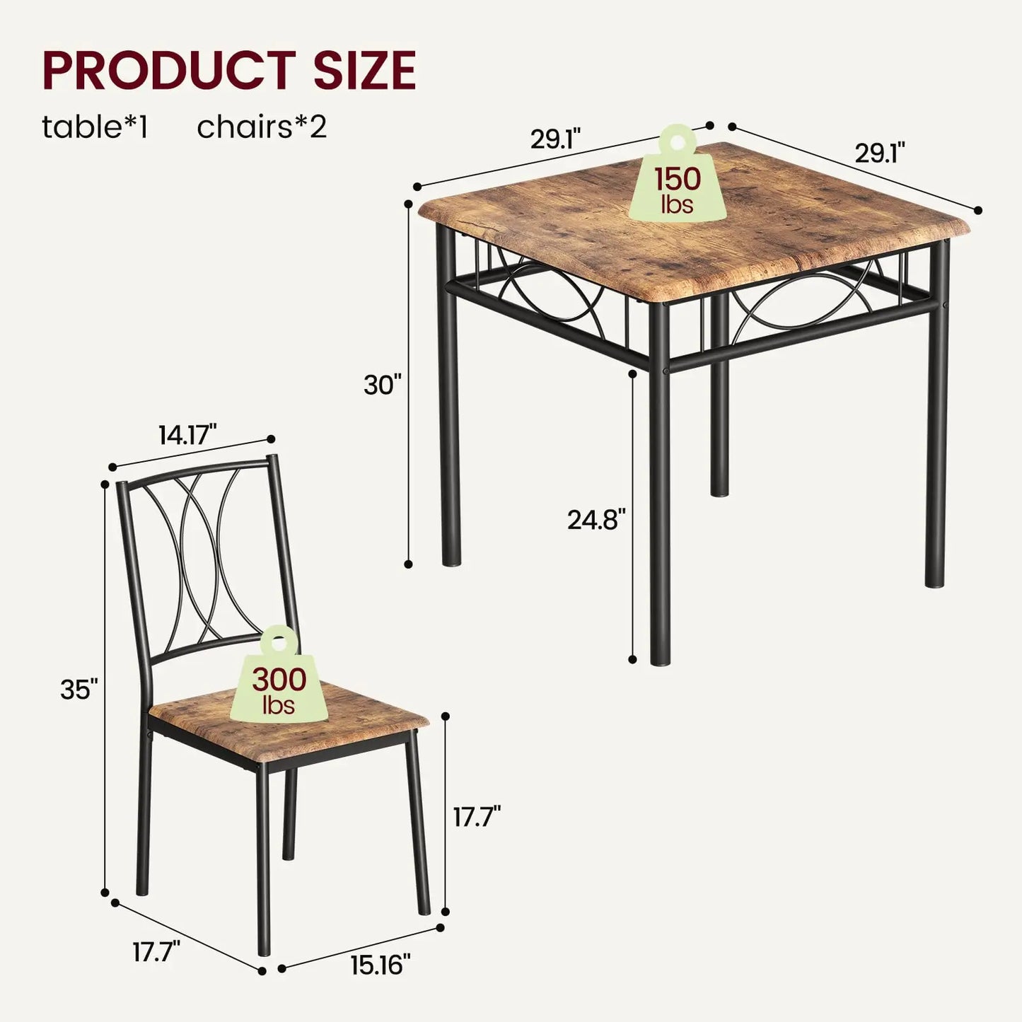 3-Piece Wood Dining Table Set for 2, Compact Square Kitchen Table Set with 2 Upholstered Chairs, Space-Saving Dining Table Set f