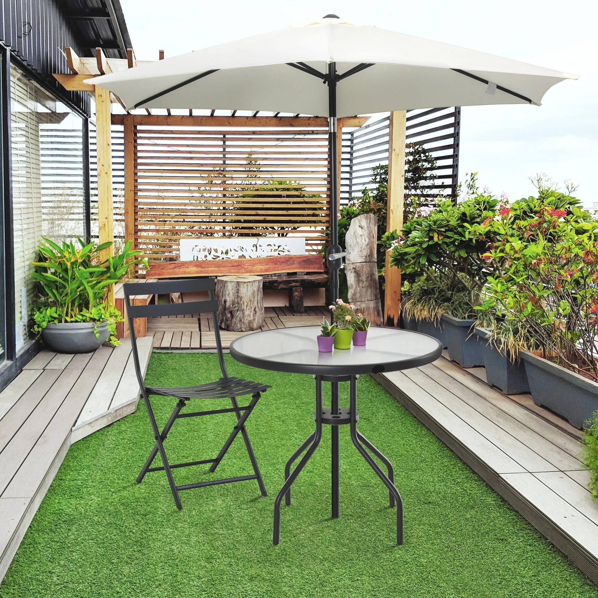 Tuintafel - Tuintafel Rond - Bijzettafeltje - Metaalenbijzettafel - Bistrotafel - Salontafel - met Gat voor Paraplu - voor Terras - Tuin - Ø80 x 72 cm - Zwart - QUORE