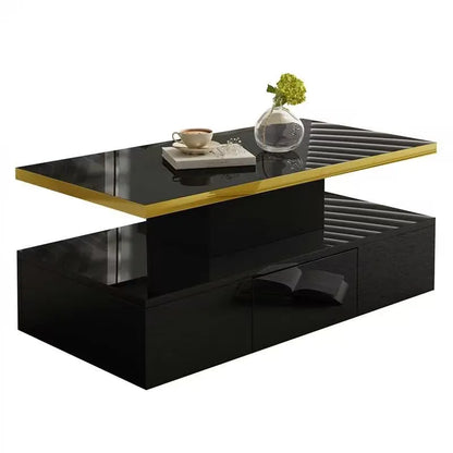 Salontafel – Koffietafel – Woonkamertafel – Tafel Met Lade – Hoogglans Zwart – Twee Niveaus – Compact Met Gouden Rand - 100 x 50 x 38.5 cm - Zwart