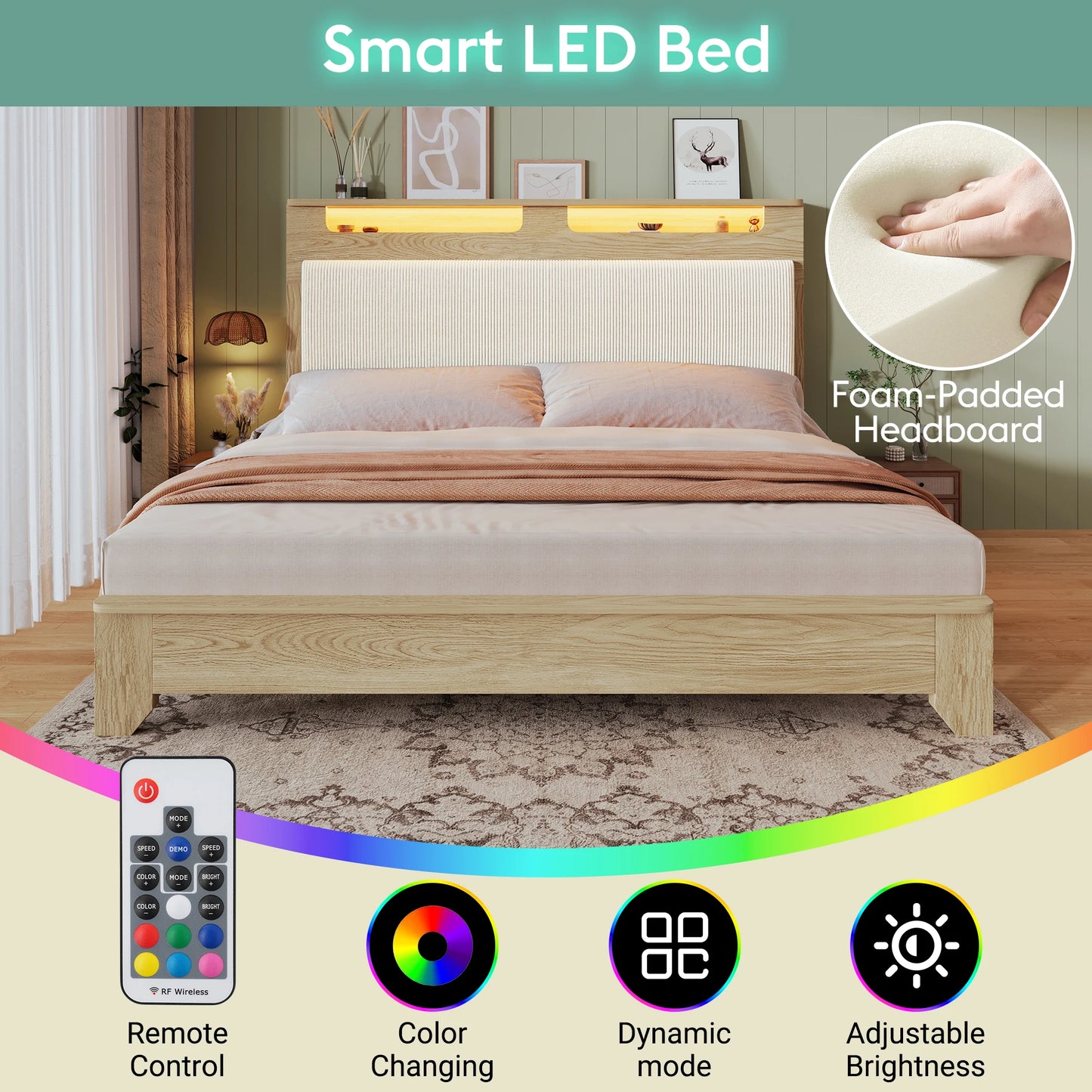 Bedframe – Tweepersoonsbed – Houten Bed – Platformbed – Gebruikt als Bedombouw – 140x200 cm – LED Verlicht Hoofdbord – Met Opbergruimte en Gestoffeerde Rugleuning