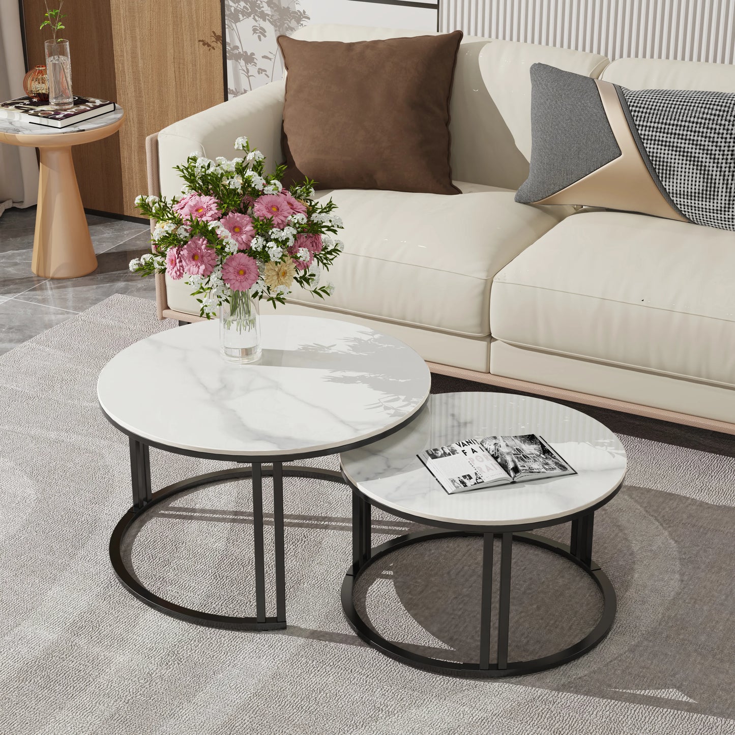 Salontafel Set – Bijzettafel – Nestbare Tafels – Woonkamertafel – Sintersteen Blad – Stevig Metalen Frame - Wit - QUORE