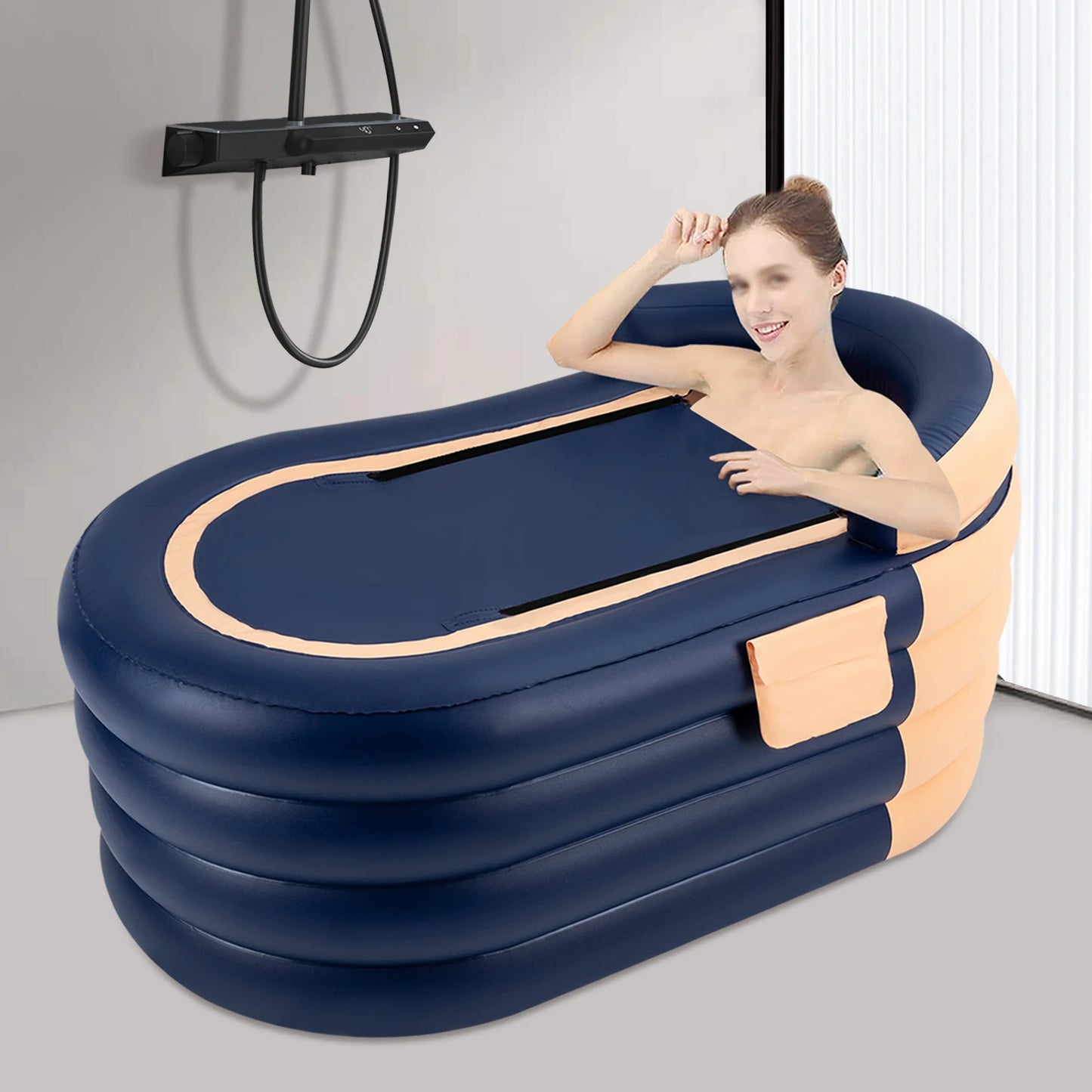 Opblaasbaar Bad voor Volwassenen – Opvouwbare Badkuip 140x84x74 cm  – Inclusief Pomp – Comfortabel Thuisbad voor Binnen en Buiten – Blauw met Oranje - QUORE