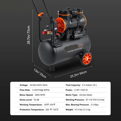 Luchtcompressor - Stille Compressor - Luchtpomp - Olievrije Draagbare Compressor - 24L - 1450W - voor Banden, Klussen en Hobbygebruik - Bandenpomp