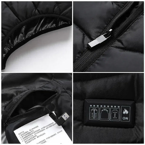 Heating Jacket - Heated Bodywarmer - Heated Clothing - USB Electric Self-Heating Vest - Unisex Heated Jacket - Electric Heated Jacket - 21 Areas Heated - Size L - Black