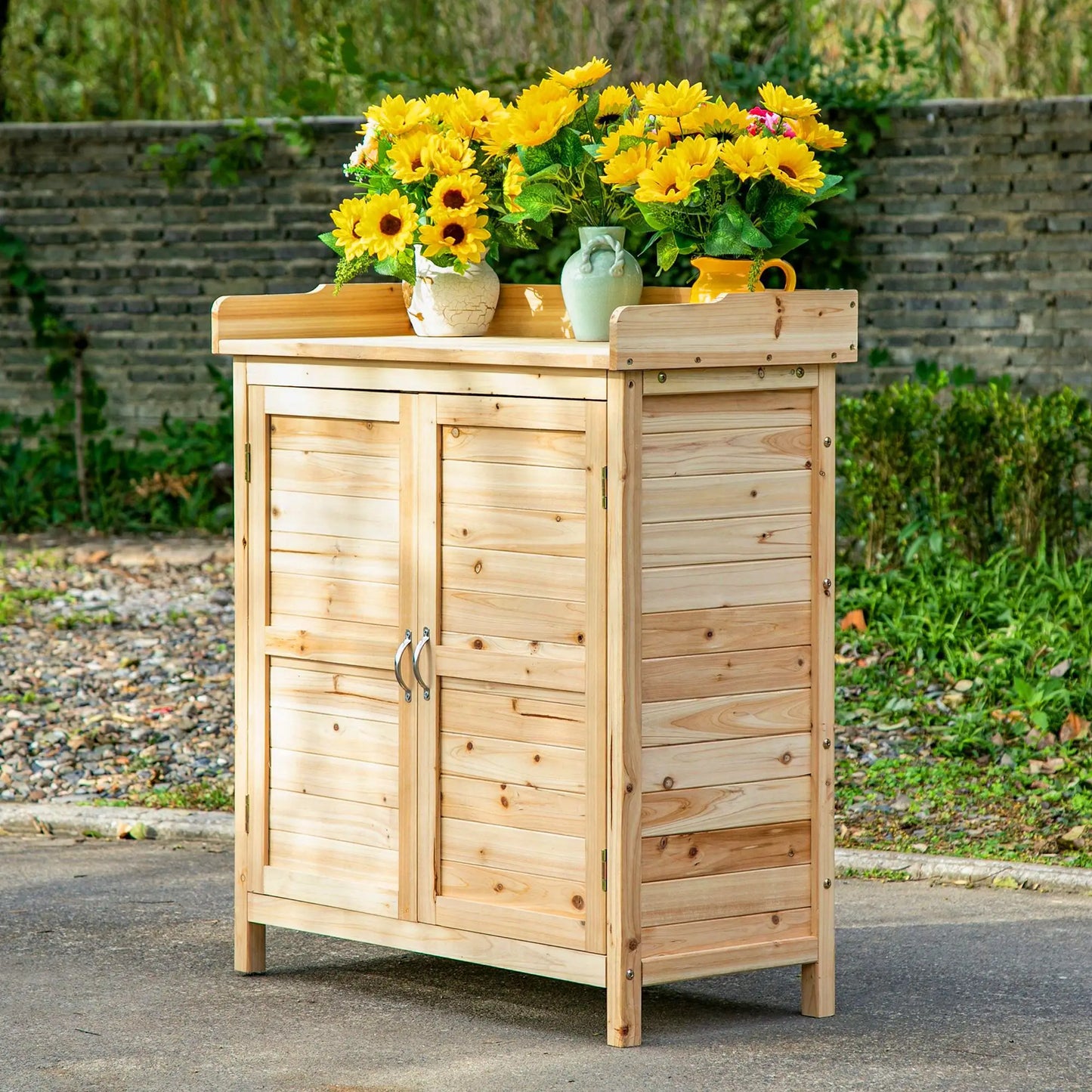 Houten Tuinopbergkast – Tuinkast – Tuinberging – Opbergkast Buiten – Tuinmeubel – Waterbestendig Dennenhout – Verhoogde Basis - 83 x 40 x 92 cm - Natuurlijk Hout