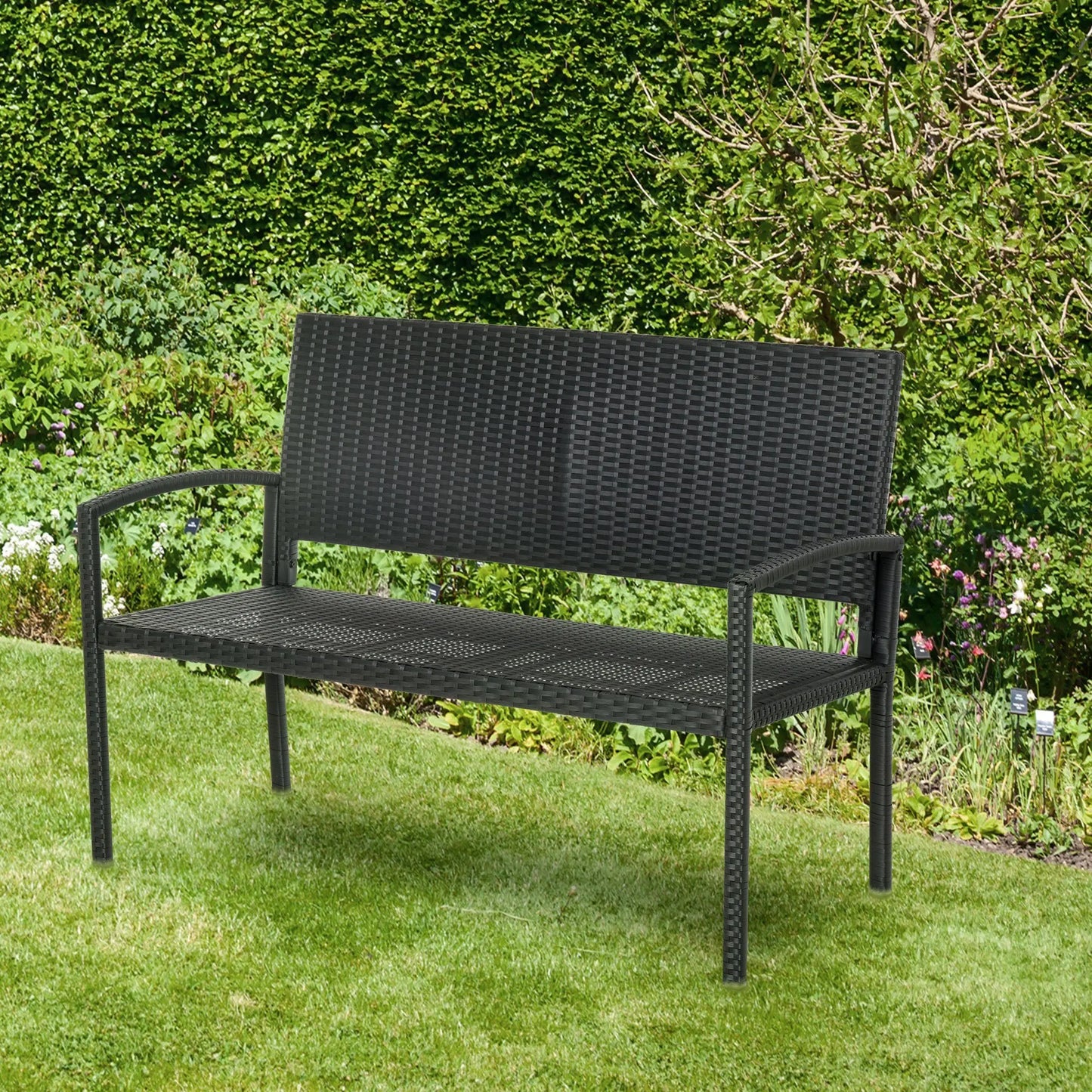 Tuinbank - Wicker Tuinbankje - Loungebank - Balkonset -  Weerbestendige PU Rotan Bank met Stalen Frame, Lichtgewicht en Geschikt voor Jaarlijks Buitengebruik - Enkelzijdig - Zwart