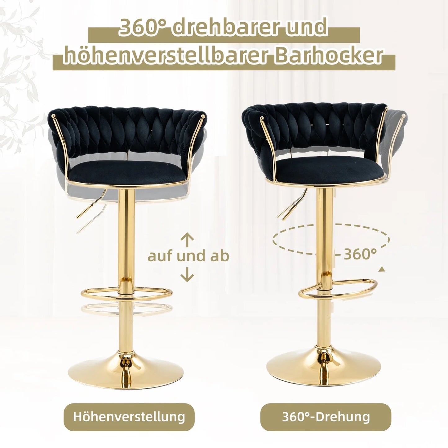 Velvet Barstoel – Barkruk – Keukenstoel – Eetkamerstoel – Barkruk Set – Zwart – 360° Draaibaar – In Hoogte Verstelbaar