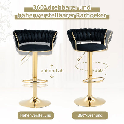 Velvet Barstoel – Barkruk – Keukenstoel – Eetkamerstoel – Barkruk Set – Zwart – 360° Draaibaar – In Hoogte Verstelbaar