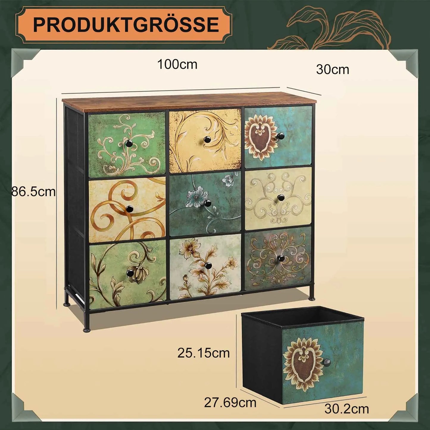 Ladenkast - Dressoir Kasten - Ladekast met 9 Stoffen Lades - Vintage Houtlook - Stabiele Opbergkast - Metaal Frame - Voor Slaapkamer - Woonkamer - Hal - 100 x 30 x 86.5 cm - Antiquiteit