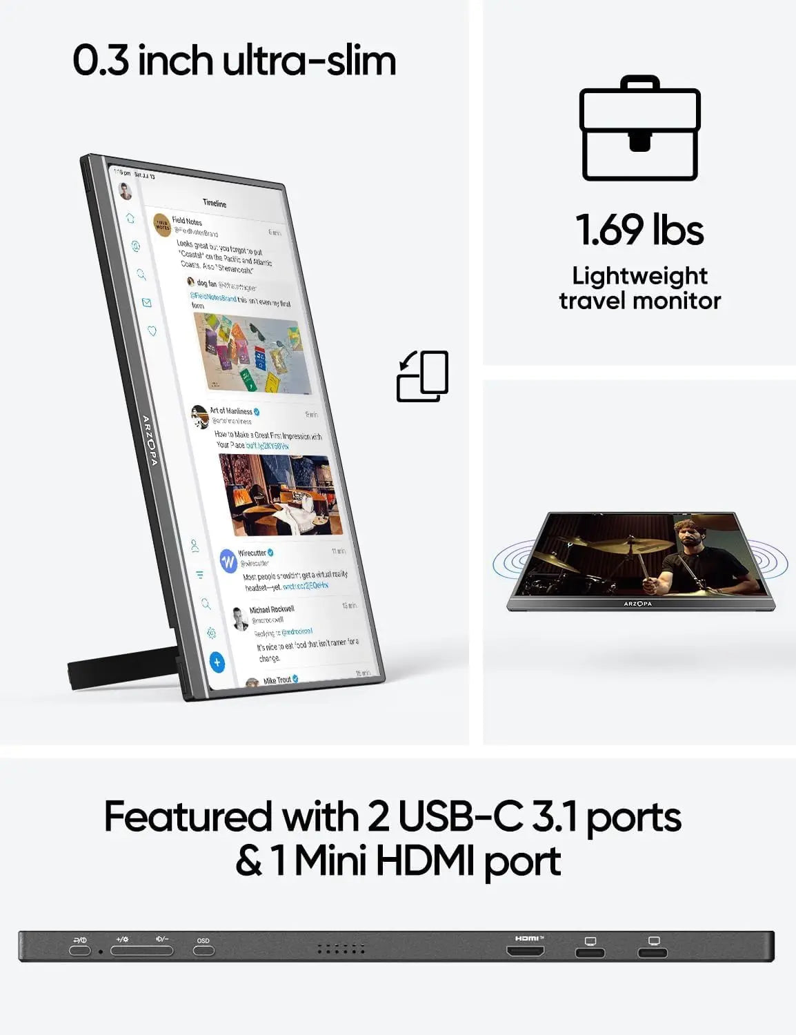Draagbare Monitor – Portable Scherm – Extern Display – Laptop Monitor – 17,3 Inch Full HD – Aluminium Behuizing – IPS Scherm – Ingebouwde Speakers