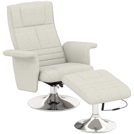Massagestoel – Relaxfauteuil – Wellnessstoel – Massagefauteuil – Ottoman – 8-Punts Vibrerende Massage – Ademend Linnenstof - Wit