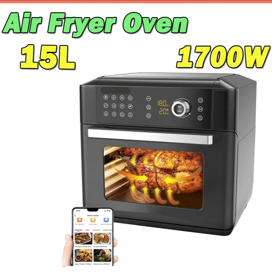 Heteluchtfriteuse – Airfryer - Airfryer Oven - 15L - 360° Luchtcirculatie - 1700W - 240V - 12 Voorinstellingen - LED Touchscreen - Kijkvenster - App Bediening - Zwart